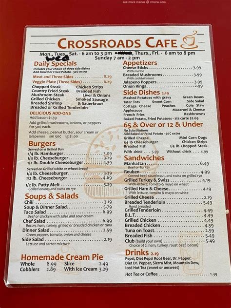 Based on ratings and reviews from users from all over the web, this <strong>restaurant</strong> is a Great <strong>Restaurant</strong>. . Crossroads restaurant menu